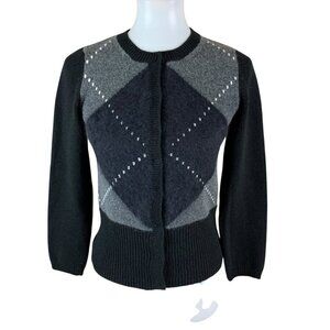 Giambattista Valli Argyle Knit Cardigan Cashmere Angora Wool Black Gray Small